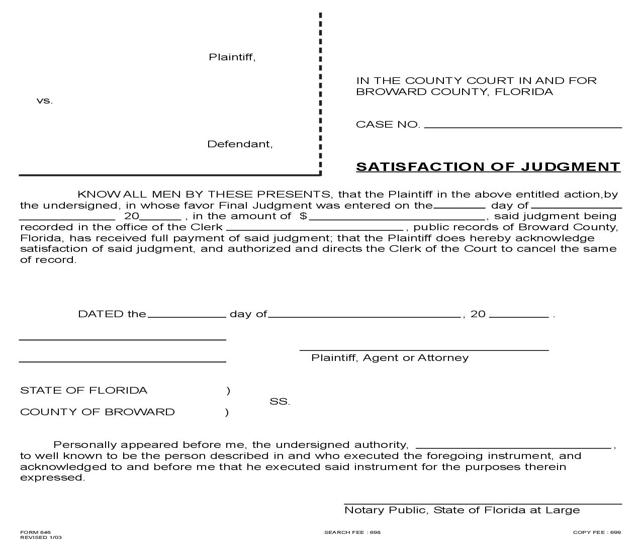 Satisfaction Of Judgment {646} | Pdf Fpdf Doc Docx | Florida