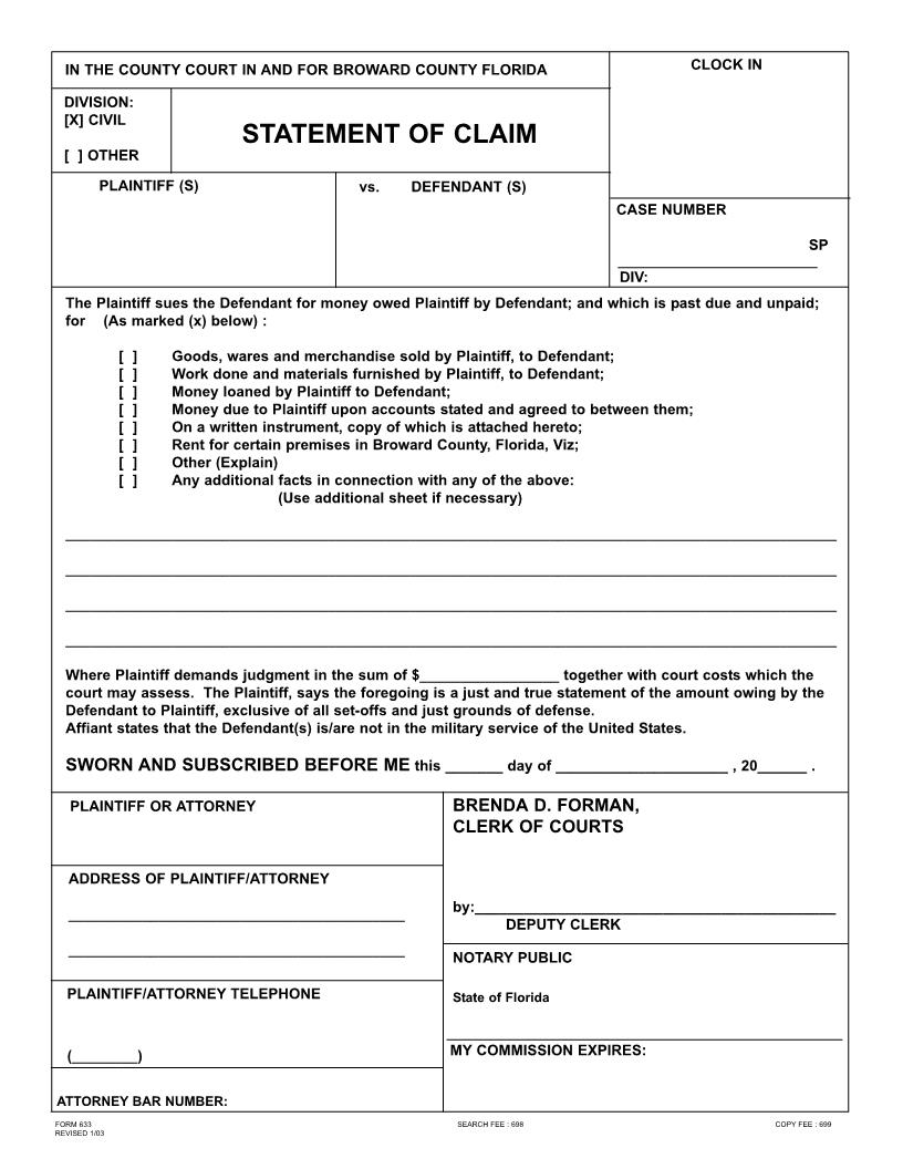 Statement Of Claim {633} | Pdf Fpdf Doc Docx | Florida
