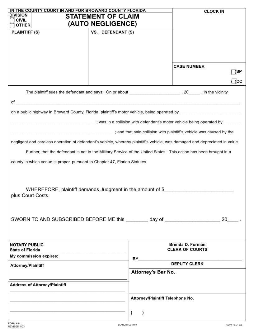 Statement Of Claim (Auto Negligence) {634} | Pdf Fpdf Doc Docx | Florida