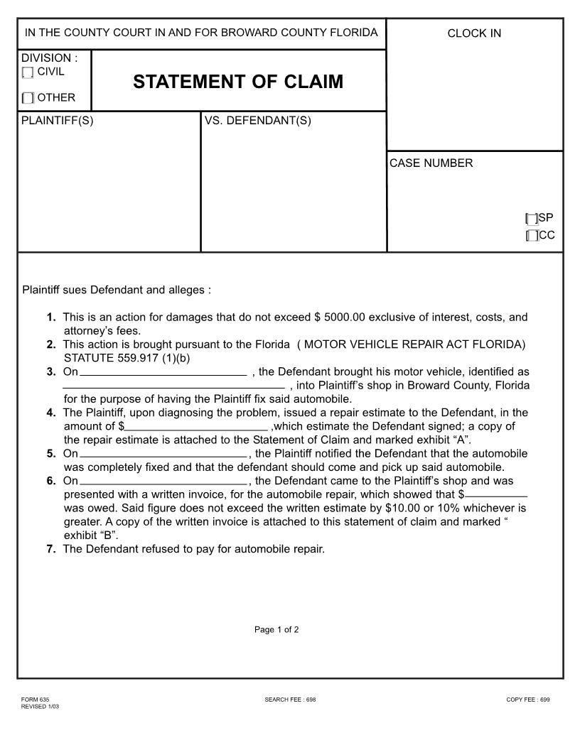 Statement Of Claim (Motor Vehicle Repair) {635} | Pdf Fpdf Doc Docx | Florida
