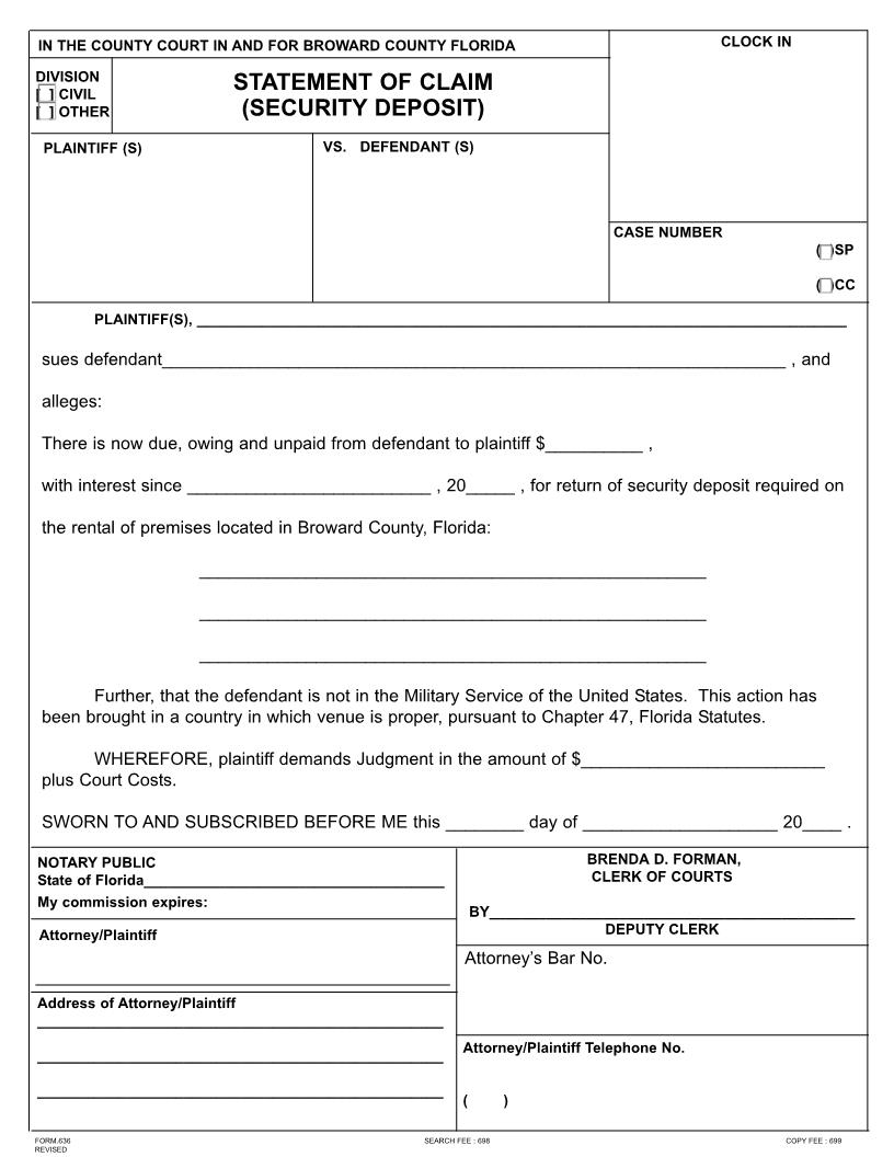 Statement Of Claim (Security Deposit) {636} | Pdf Fpdf Doc Docx | Florida