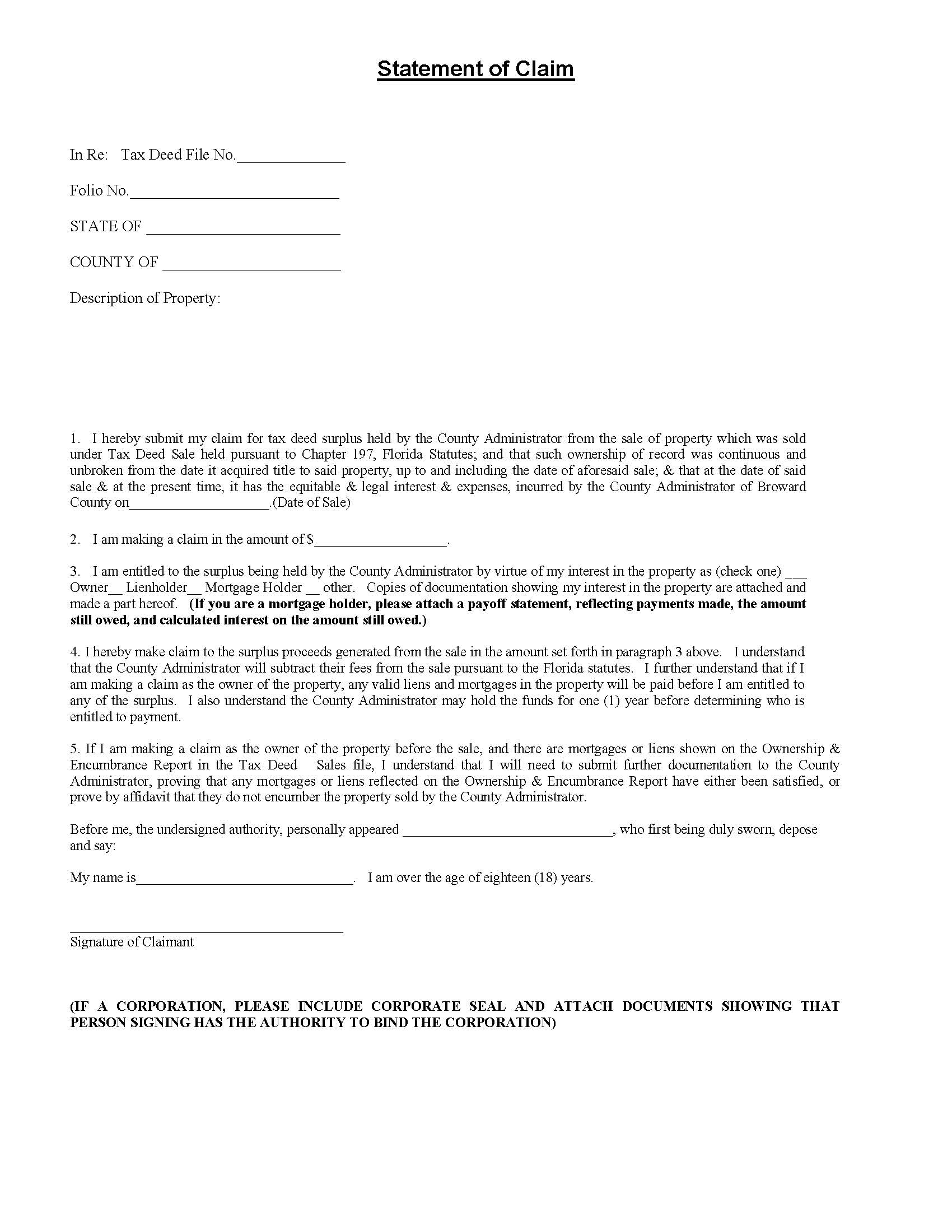 Statement Of Claim (Tax Deed Sale - Filed Prior To 10-1-18) | Pdf Fpdf Docx | Florida