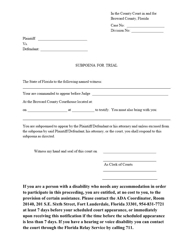 Subpoena For Trial | Pdf Fpdf Doc Docx | Florida