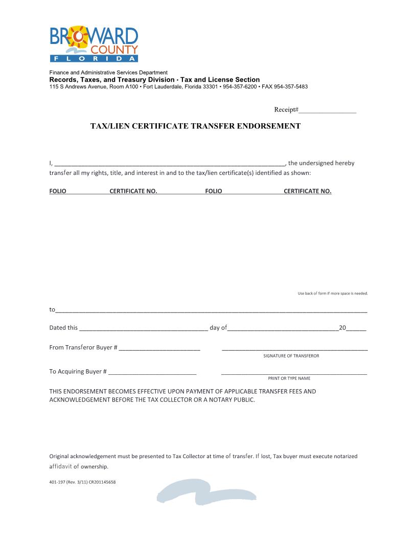 Tax-Lien Certificate Transfer Endorement With Individual-Corporate Acknowledgment | Pdf Fpdf Docx | Florida