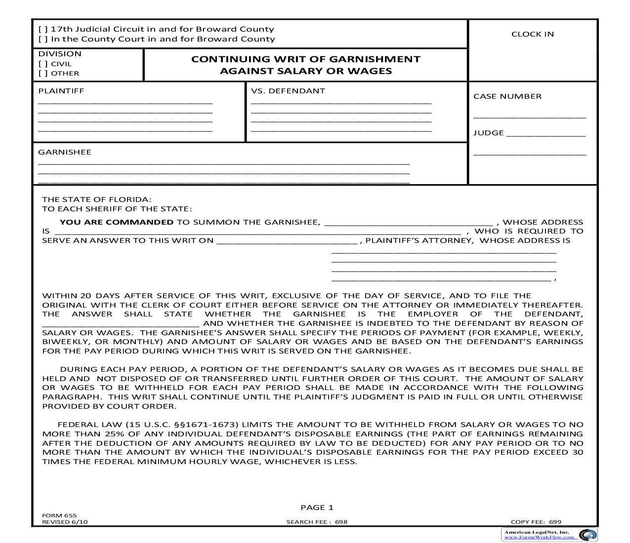 Continuing Writ Of Garnishment Against Salary And Wages {655} | Pdf Fpdf Doc Docx | Florida