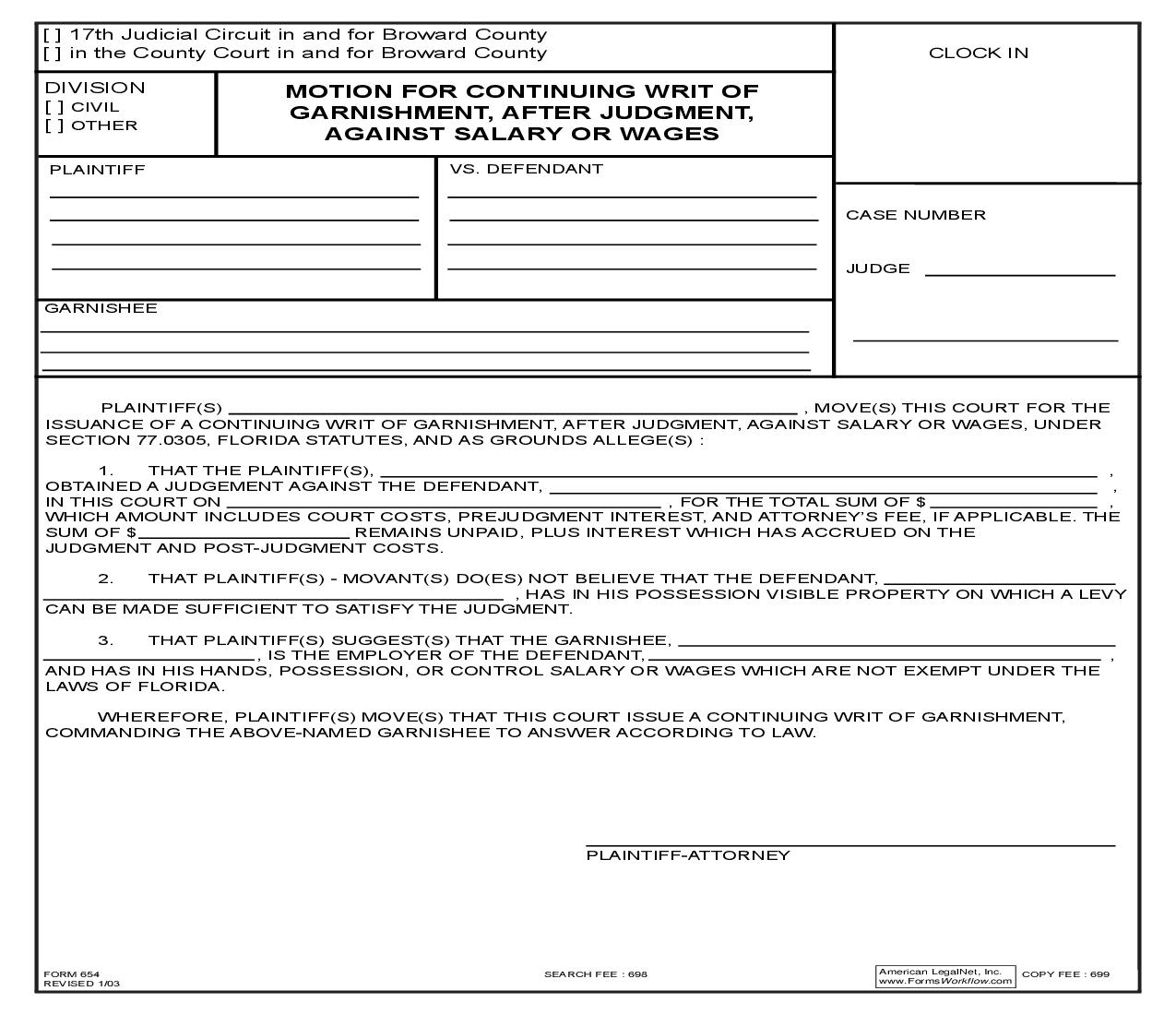 Motion For Continuing Writ Of Garnishment After Judgment {654} | Pdf Fpdf Doc Docx | Florida