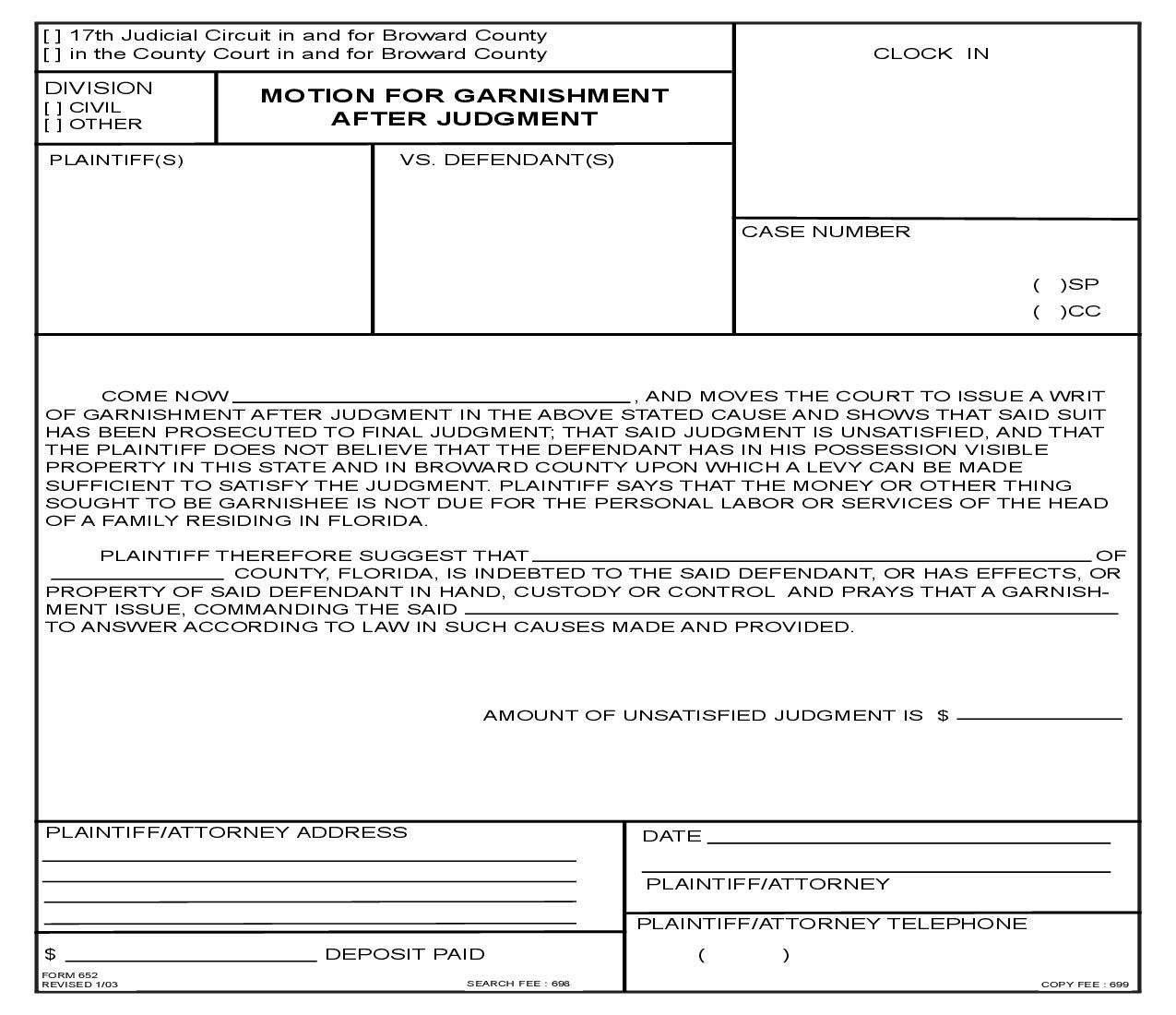 Motion For Garnishment After Judgment {652} | Pdf Fpdf Doc Docx | Florida