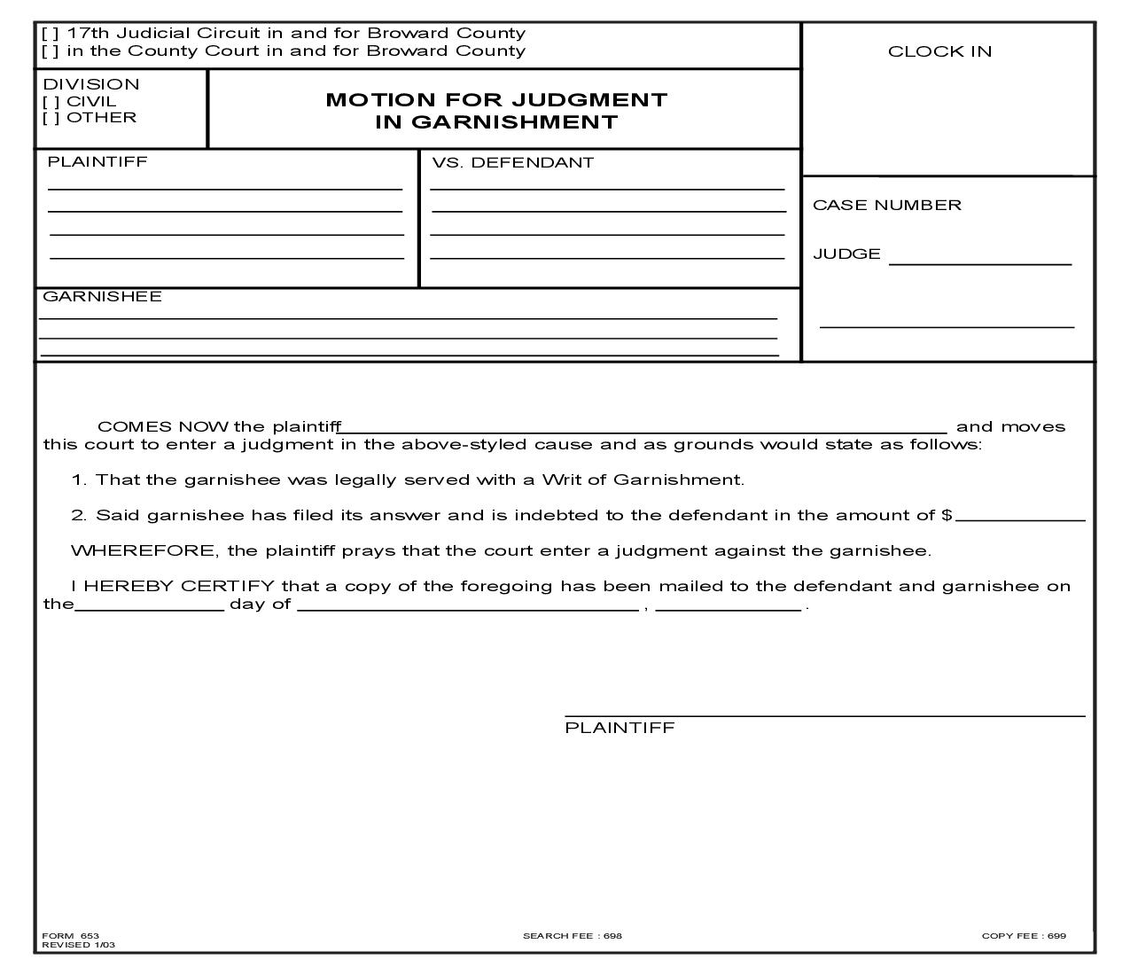 Motion For Judgment In Garnishment {653} | Pdf Fpdf Doc Docx | Florida