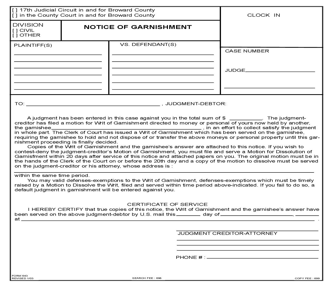 Notice Of Garnishment {643} | Pdf Fpdf Doc Docx | Florida