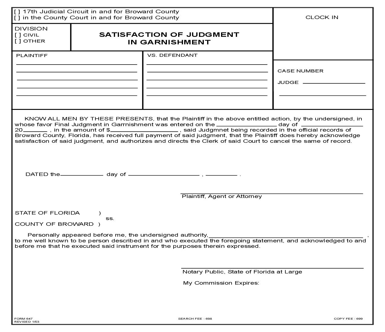 Satisfaction Of Judgment In Garnishment {647} | Pdf Fpdf Doc Docx | Florida