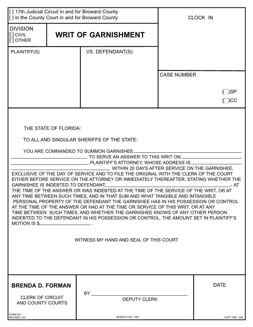 Writ Of Garnishment {641} | Pdf Fpdf Doc Docx | Florida