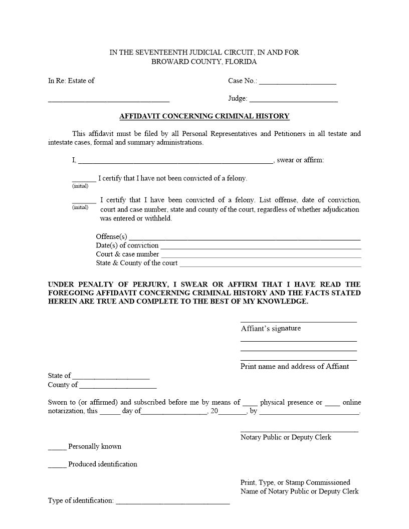 Affidavit Concerning Criminal History | Pdf Fpdf Docx | Florida