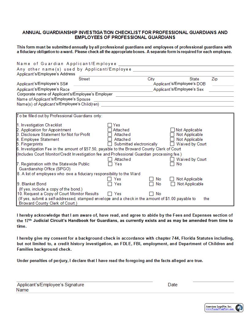 Annual Guardianship Investigation Checklist For Professional Guardians And Employees | Pdf Fpdf Docx | Florida