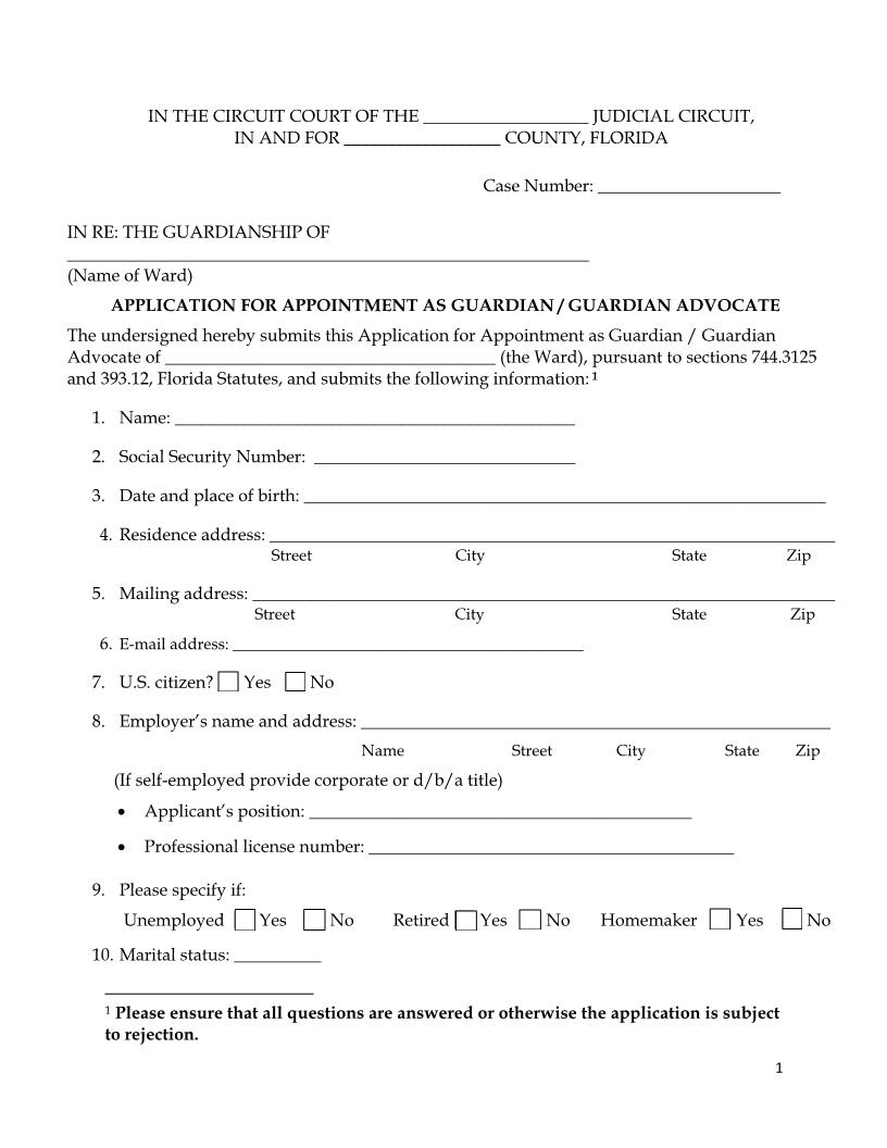 Application For Appointment As Guardian-Guardian Advocate {B_AAGGA} | Pdf Fpdf Docx | Florida