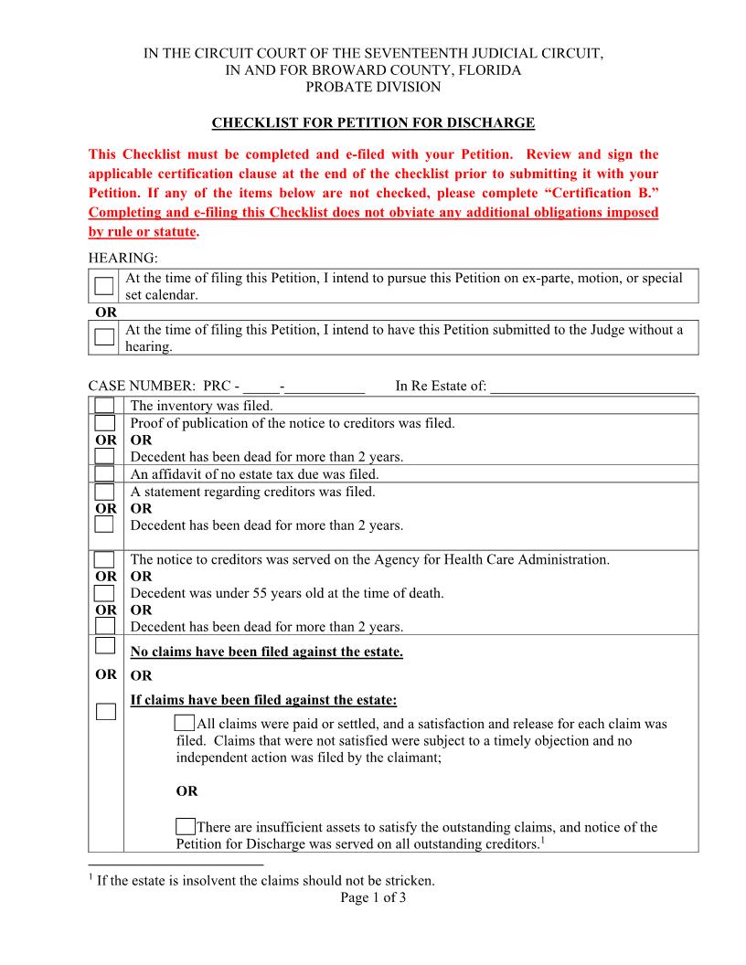 Checklist For Petition For Discharge | Pdf Fpdf Docx | Florida