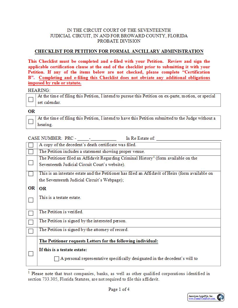 Checklist For Petition For Formal Ancillary Administration | Pdf Fpdf Docx | Florida