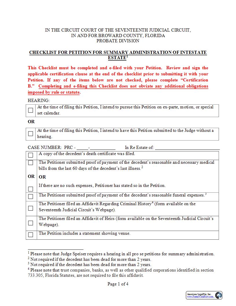 Checklist For Petition For Summary Administration Of Intestate Estate | Pdf Fpdf Docx | Florida