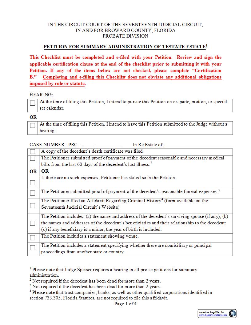 Checklist For Petition For Summary Administration Of Testate Estate | Pdf Fpdf Docx | Florida