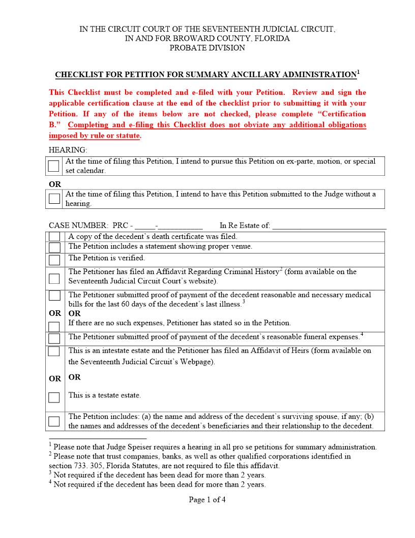 Checklist For Petition For Summary Ancillary Administration | Pdf Fpdf Docx | Florida