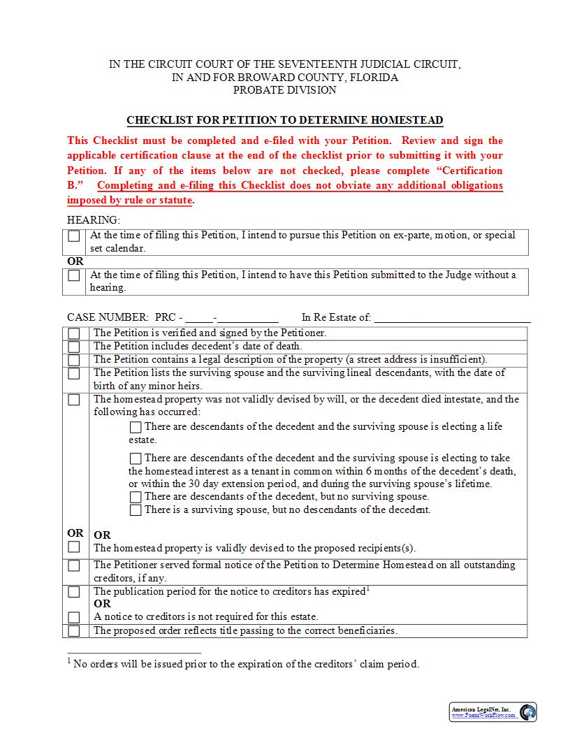 Checklist For Petition To Determine Homestead | Pdf Fpdf Docx | Florida