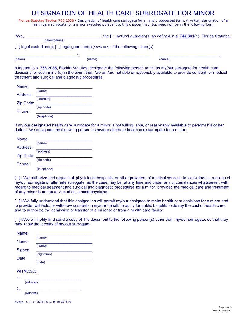 Designation Of Health Care Surrogate For Minor | Pdf Fpdf Docx | Florida