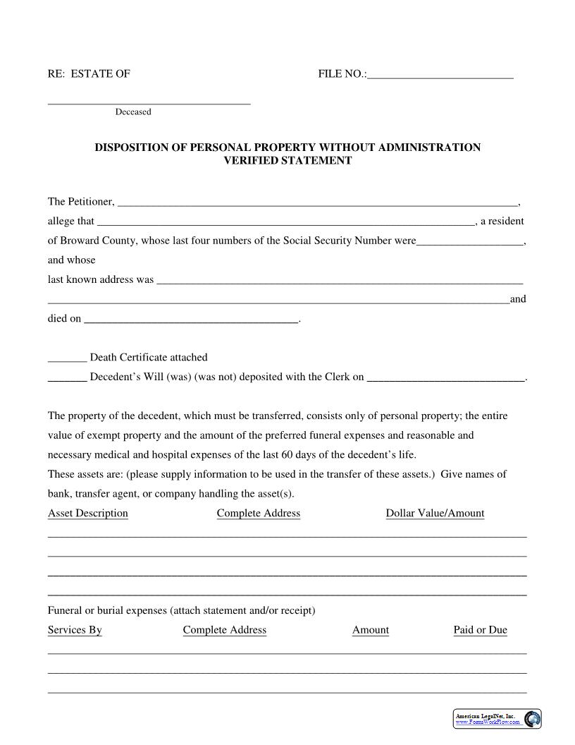 Disposition Of Personal Property Without Administration Verified Statement {658} | Pdf Fpdf Doc Docx | Florida