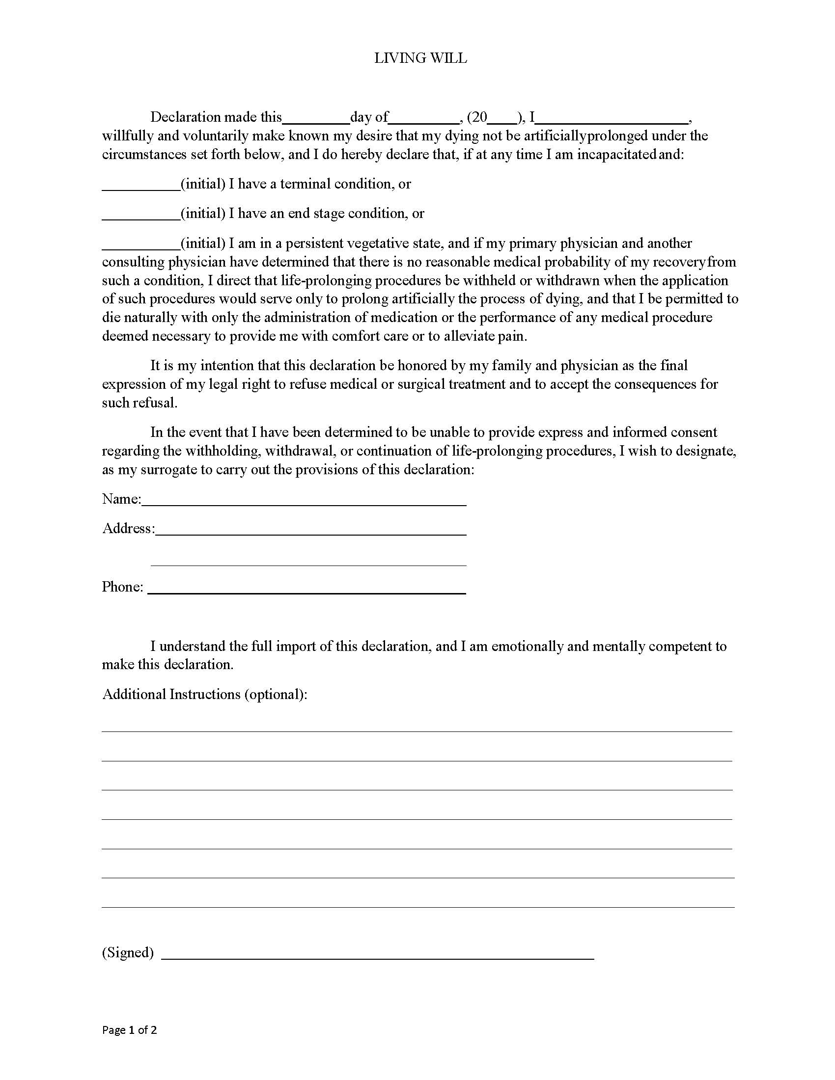 Living Will | Pdf Fpdf Docx | Florida