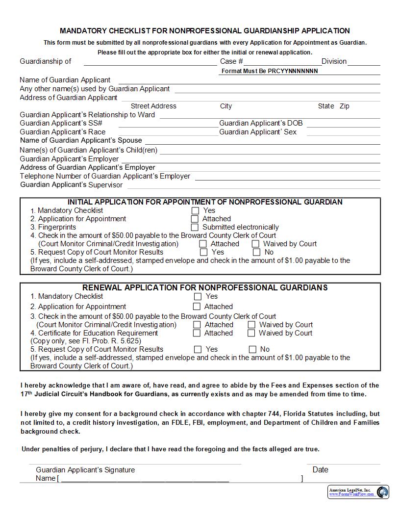 Mandatory Checklist For Nonprofessional Guardianship Application | Pdf Fpdf Docx | Florida