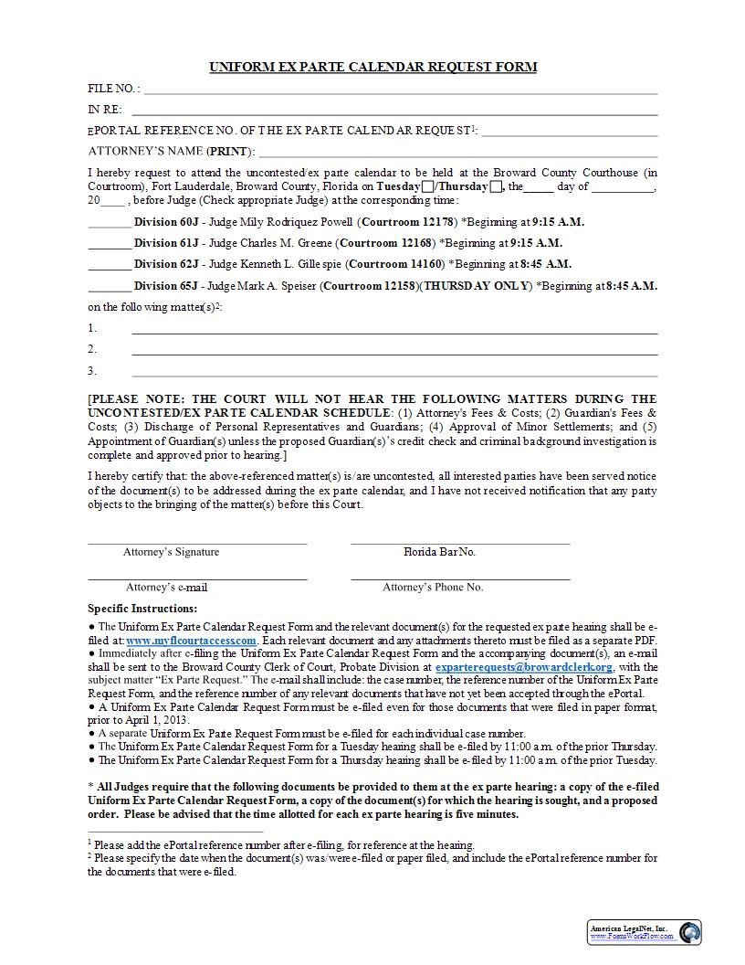 Uniform Ex Parte Calendar Request Form | Pdf Fpdf Docx | Florida