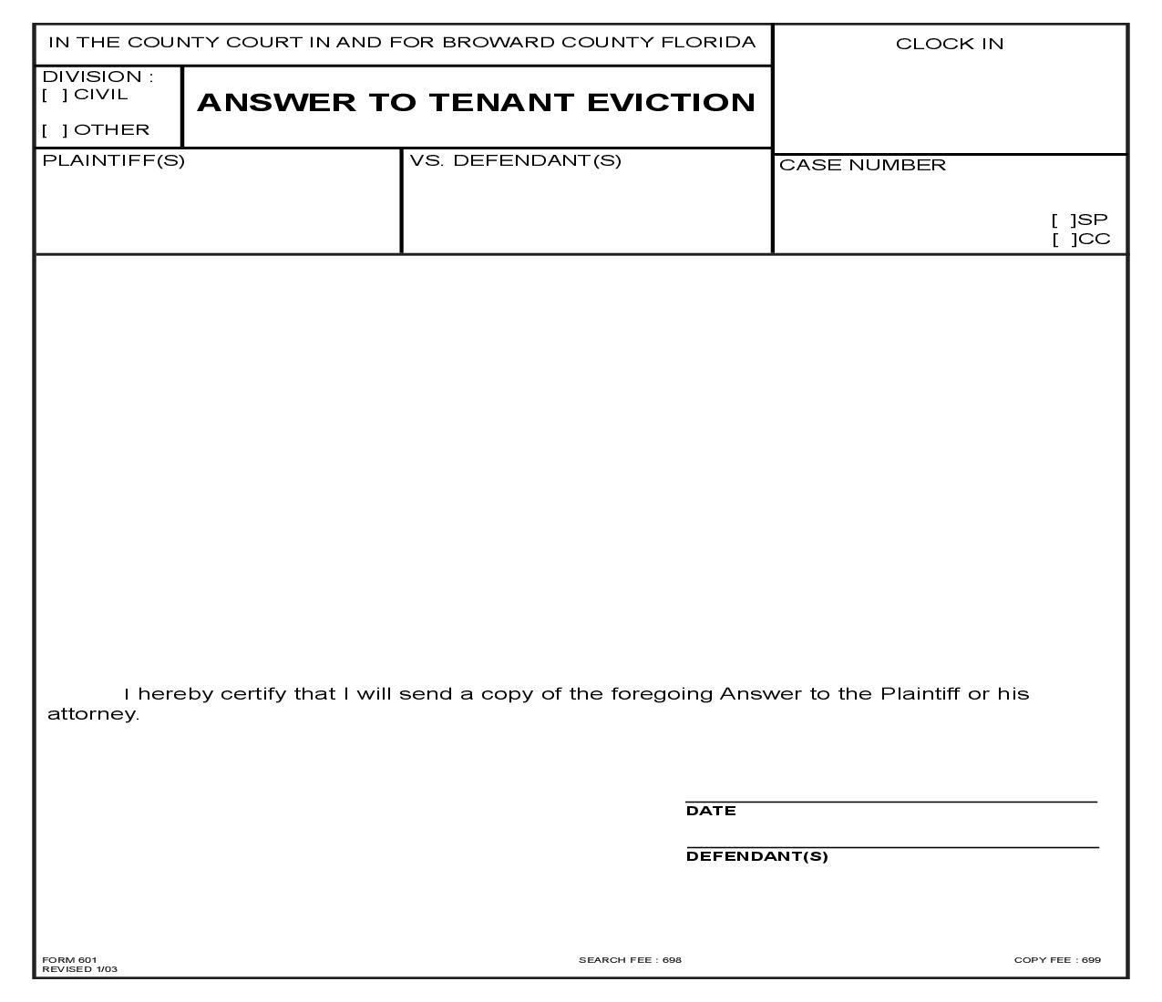Answer To Tenant Eviction {601} | Pdf Fpdf Doc Docx | Florida