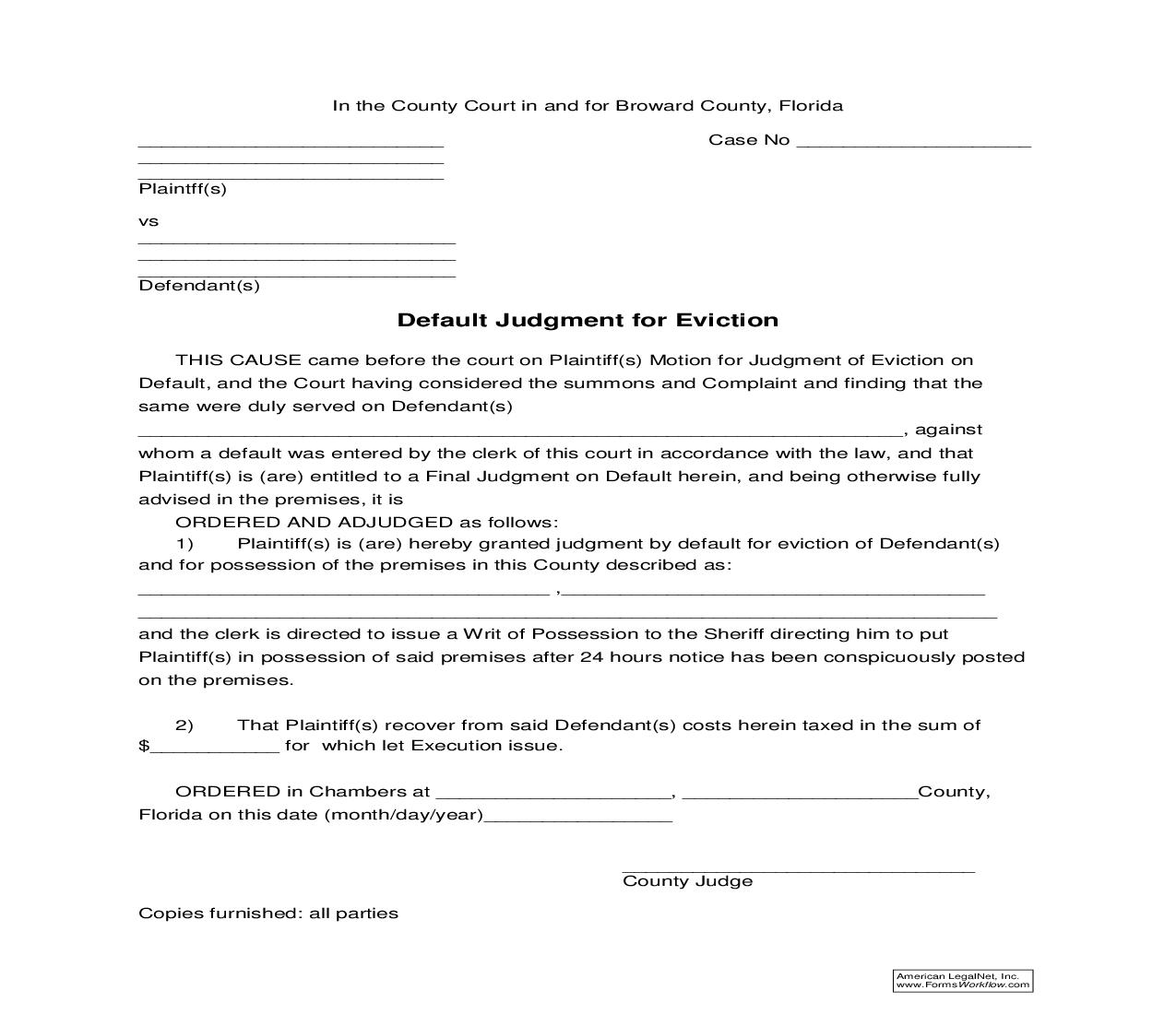 Default Judgment for Eviction | Pdf Fpdf Doc Docx | Florida