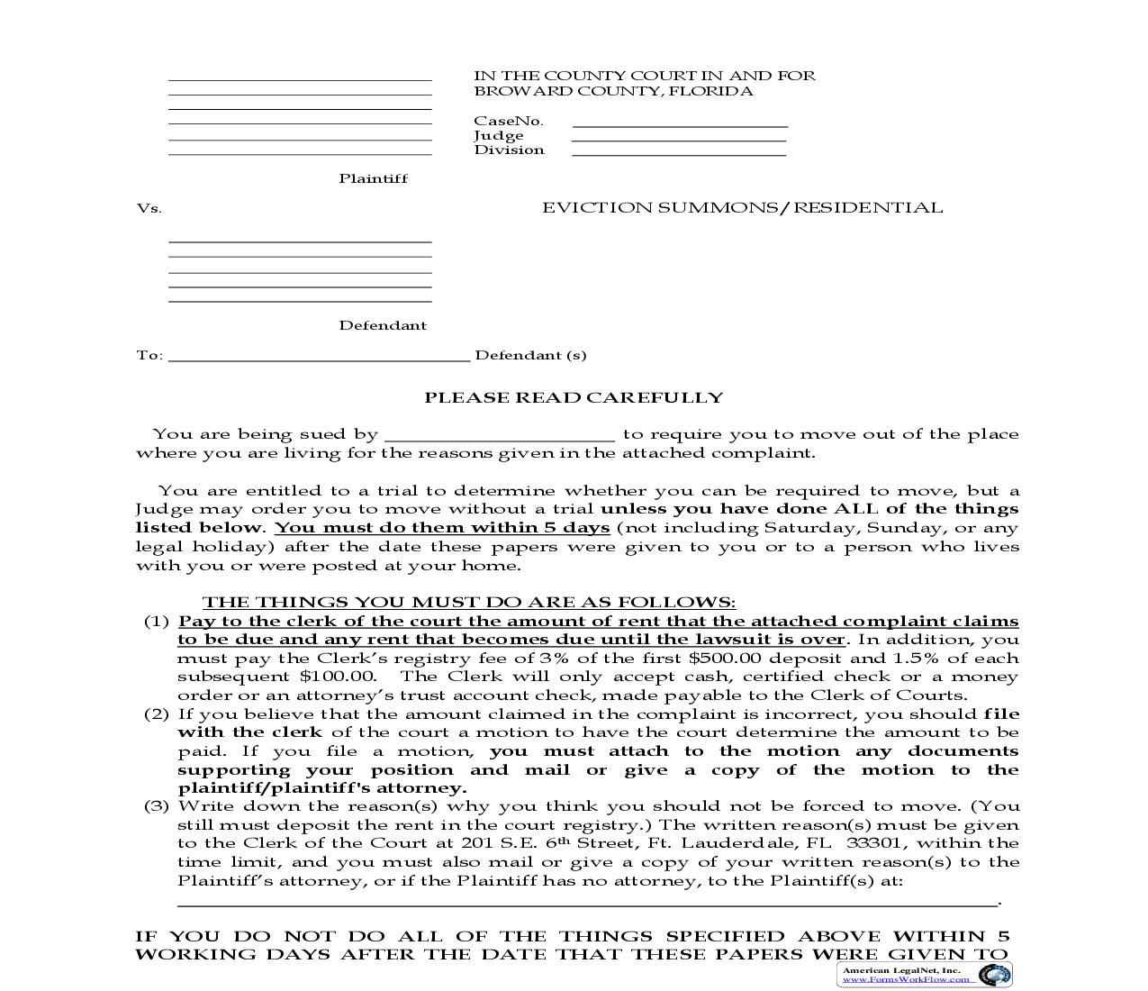 Eviction Summons-Residential | Pdf Fpdf Doc Docx | Florida