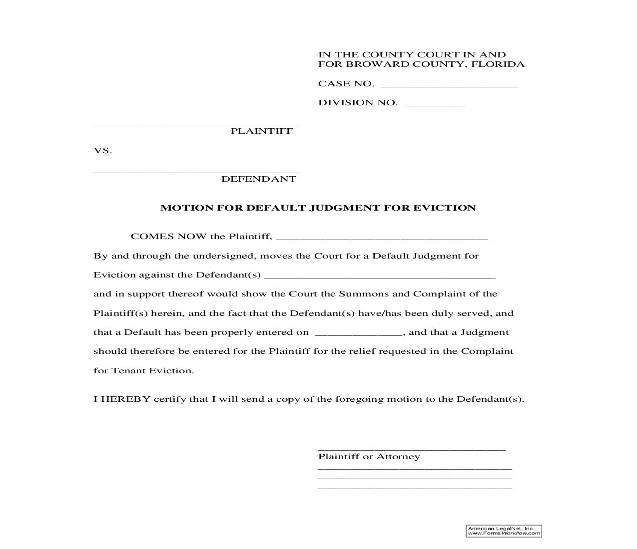 Motion For Default Judgment For Eviction | Pdf Fpdf Doc Docx | Florida