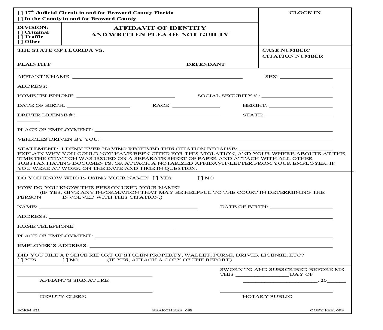 Affidavit Of Identity And Written Plea Of Not Guilty {621} | Pdf Fpdf Doc Docx | Florida