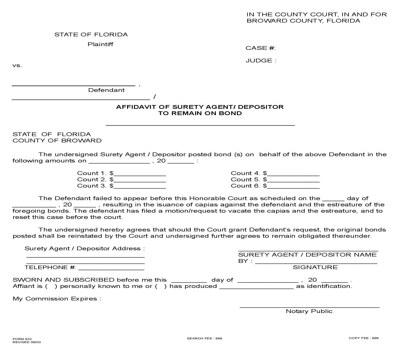 Affidavit Of Surety Agent-Depositor To Remain On Bond {622} | Pdf Fpdf Doc Docx | Florida