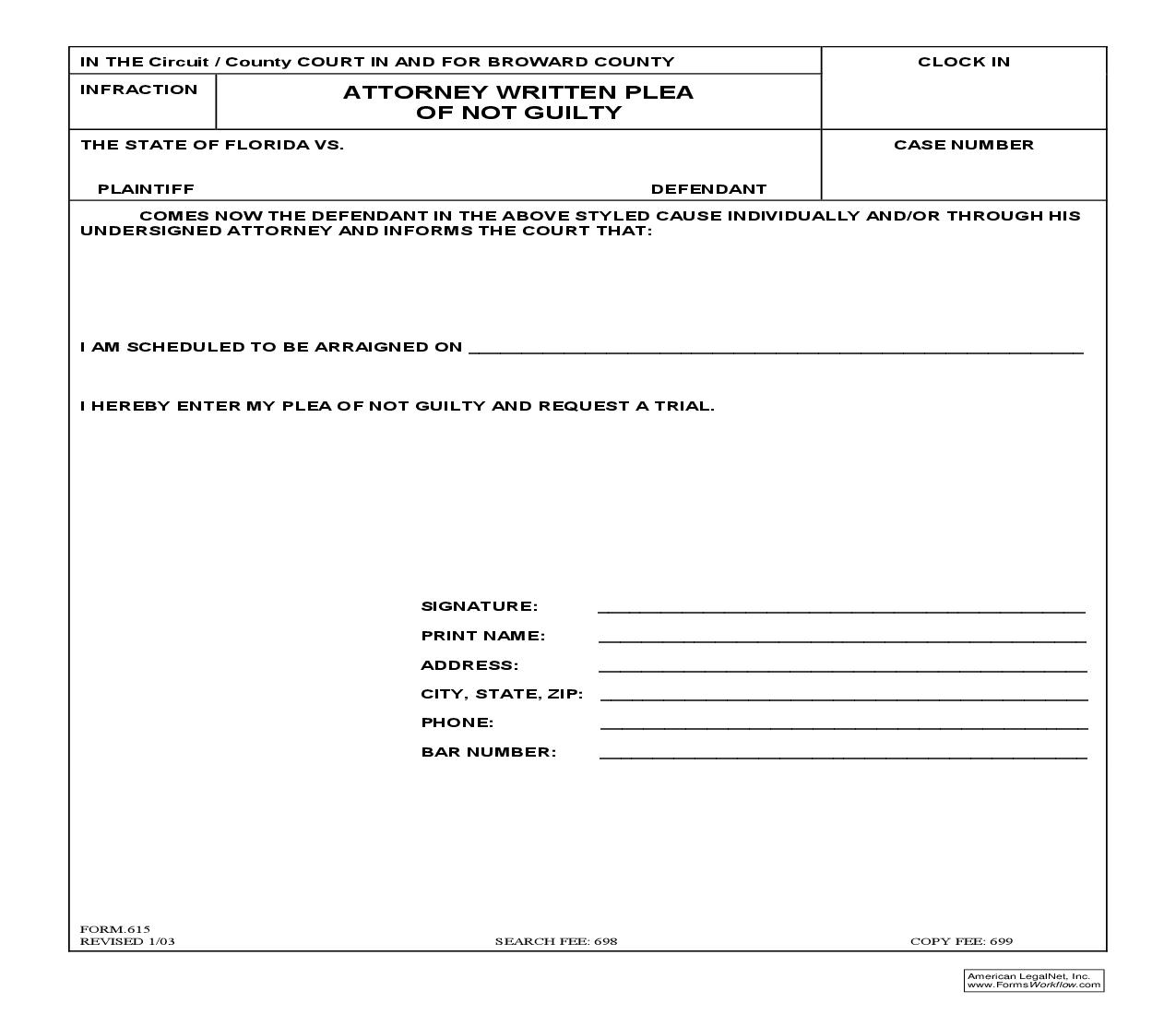 Attorney Written Plea Of Not Guilty {615} | Pdf Fpdf Doc Docx | Florida