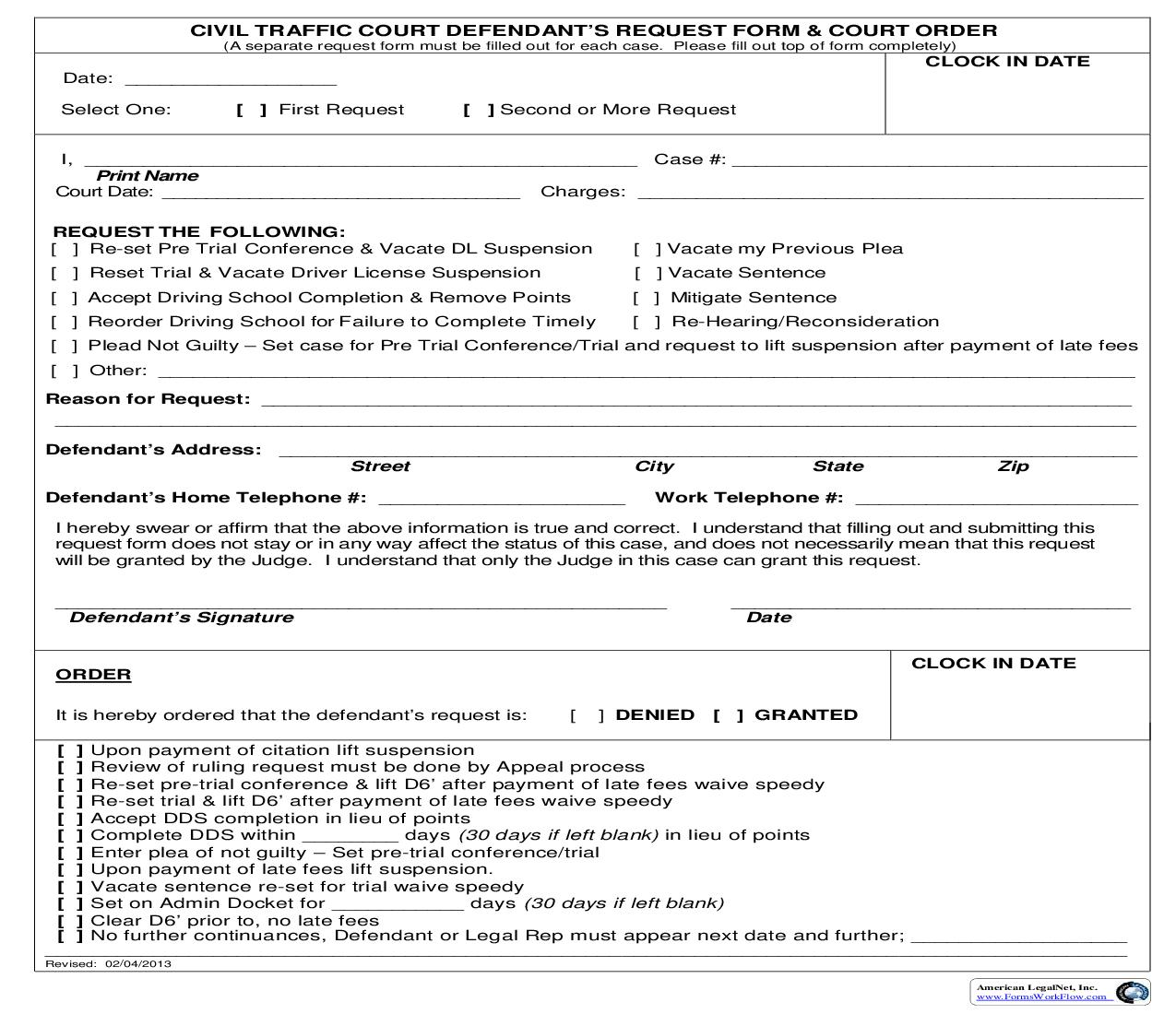Civil Traffic Court Defendants Request Form and Court Order | Pdf Fpdf Doc Docx | Florida