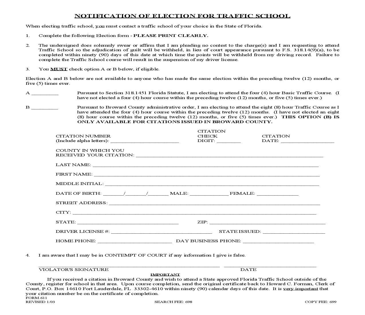 Notification Of Election For Traffic School {611} | Pdf Fpdf Doc Docx | Florida