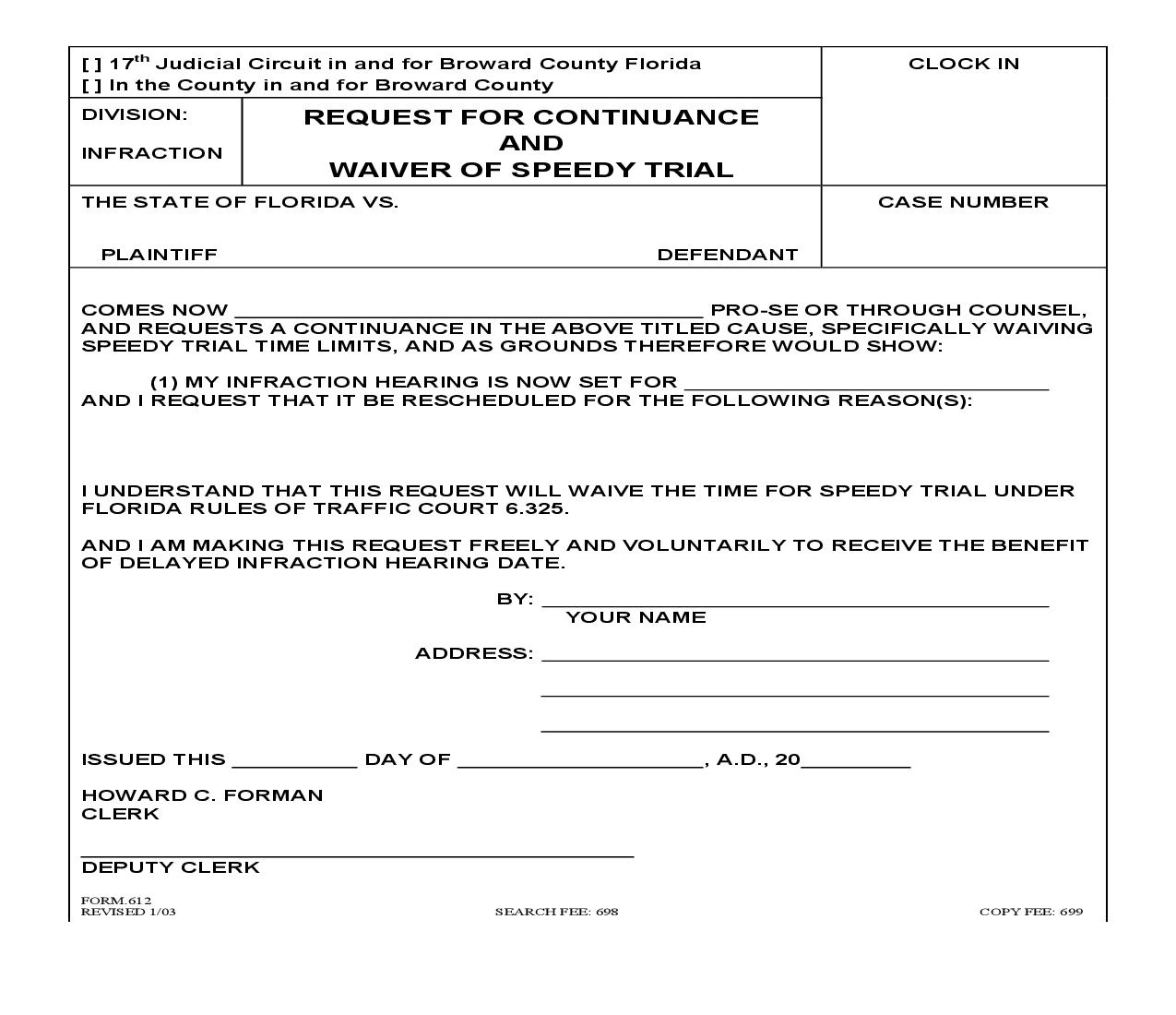 Request For Continuance And Waiver Of Speedy Trial {612} | Pdf Fpdf Doc Docx | Florida
