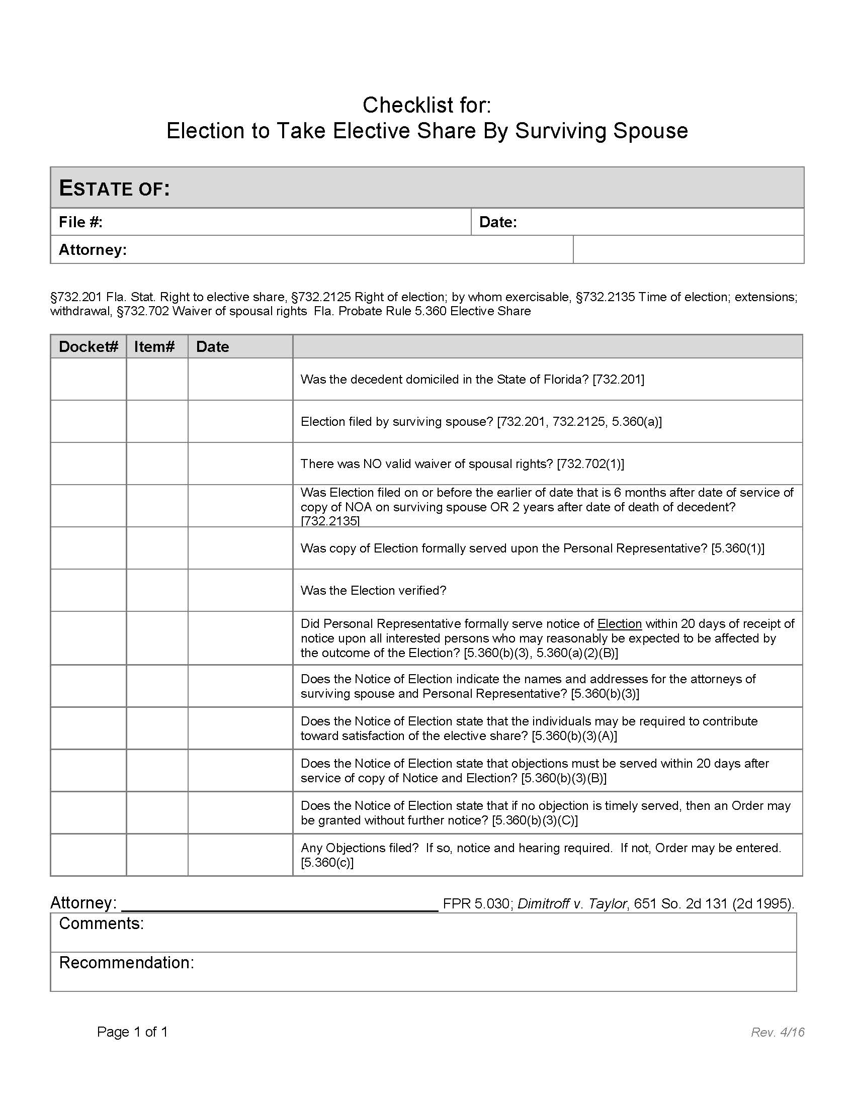 Checklist For Election To Take Elective Share By Surviving Spouse | Pdf Fpdf Docx | Florida