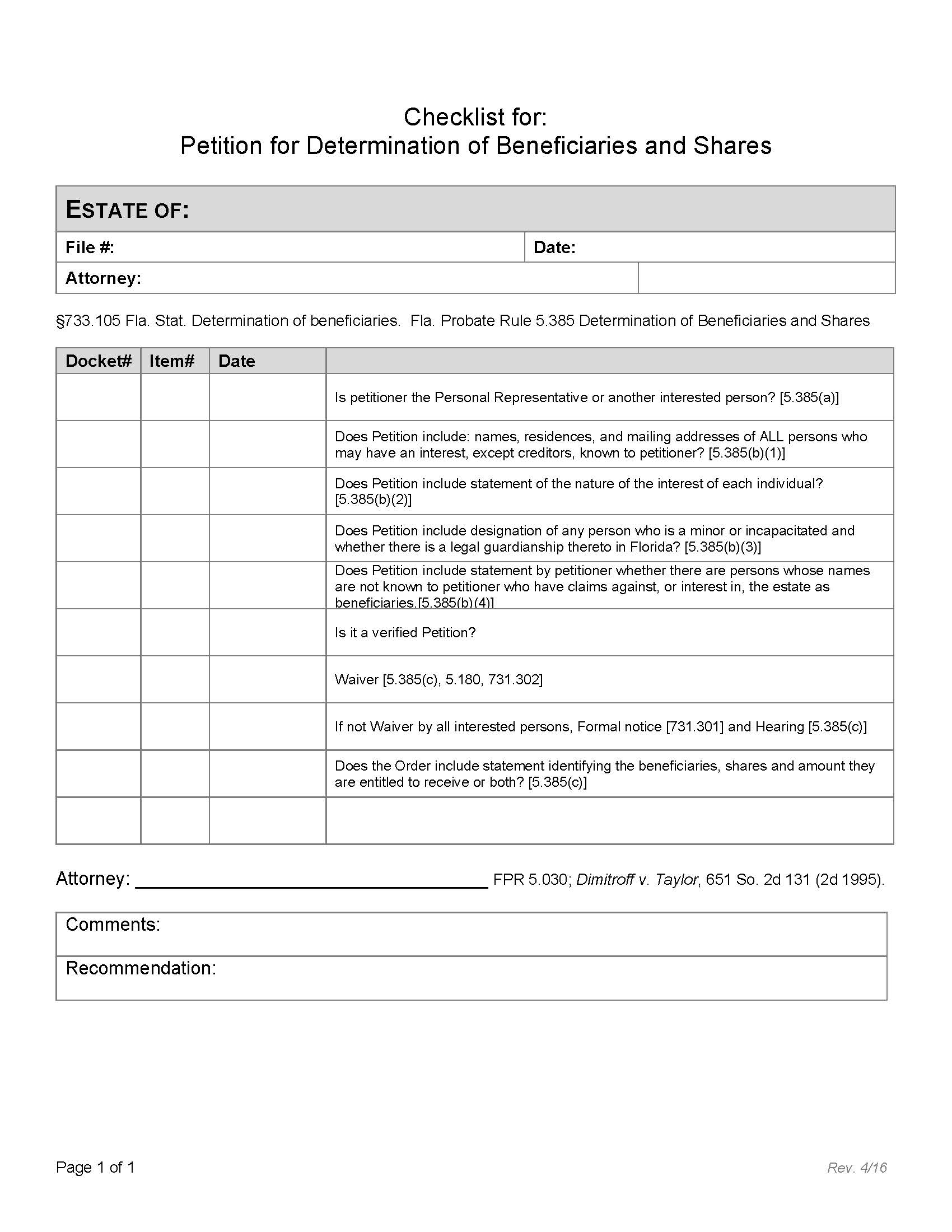 Checklist For Petition For Determination Of Beneficiaries And Shares | Pdf Fpdf Docx | Florida