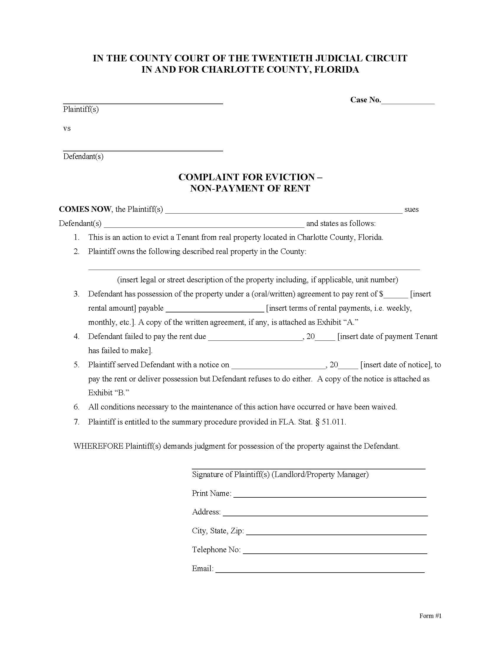 Complaint For Eviction - Non-Payment Of Rent | Pdf Fpdf Docx | Florida