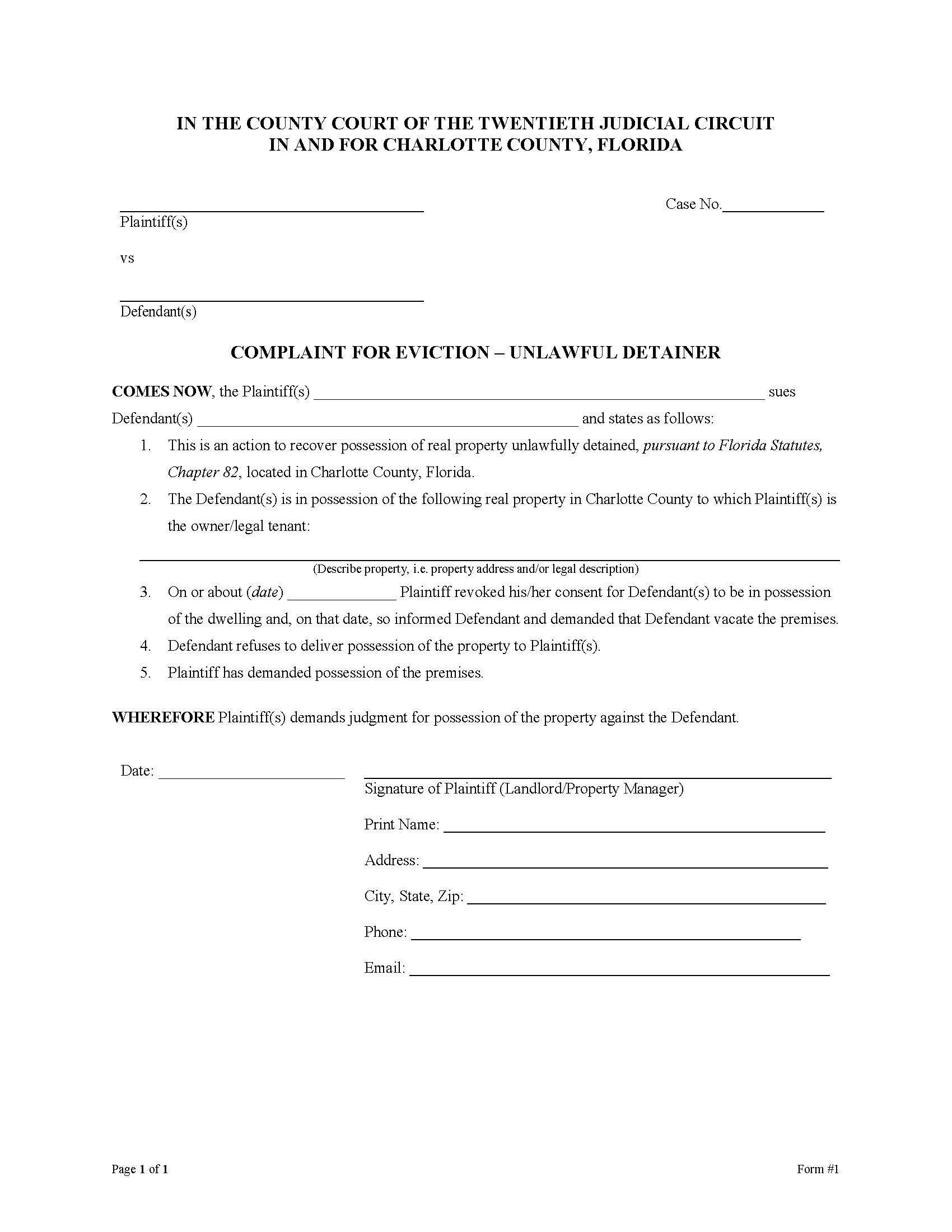 Complaint For Eviction - Unlawful Detainer | Pdf Fpdf Docx | Florida