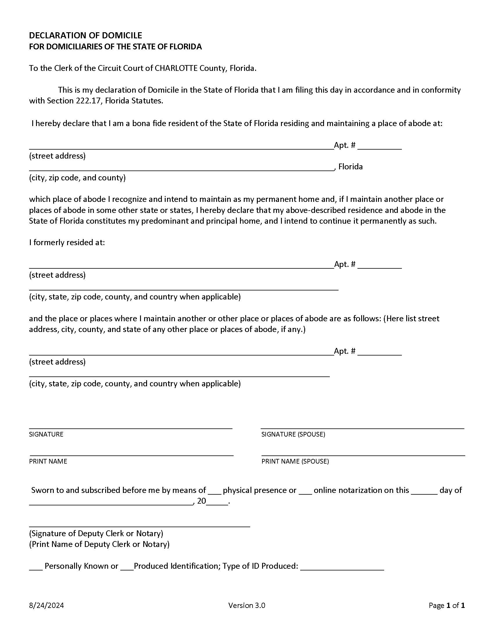 Declaration Of Domicile | Pdf Fpdf Docx | Florida