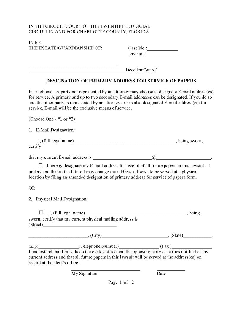 Designation Of Primary Address For Service Of Papers (Probate-Guardianship) | Pdf Fpdf Docx | Florida