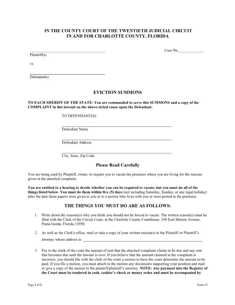Eviction Summons | Pdf Fpdf Docx | Florida