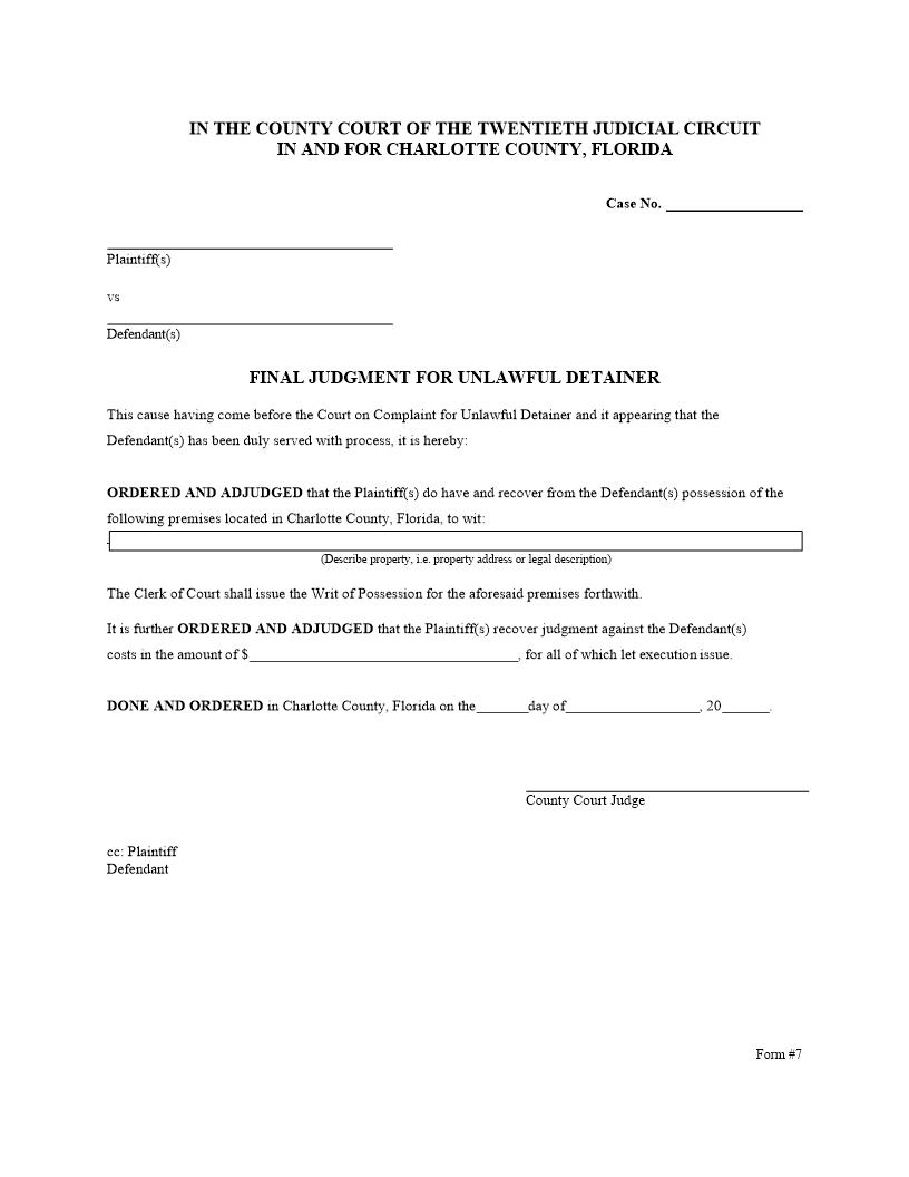 Final Judgment For Unlawful Detainer | Pdf Fpdf Docx | Florida