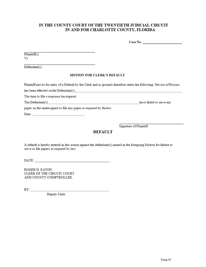 Motion For Clerks Default | Pdf Fpdf Docx | Florida