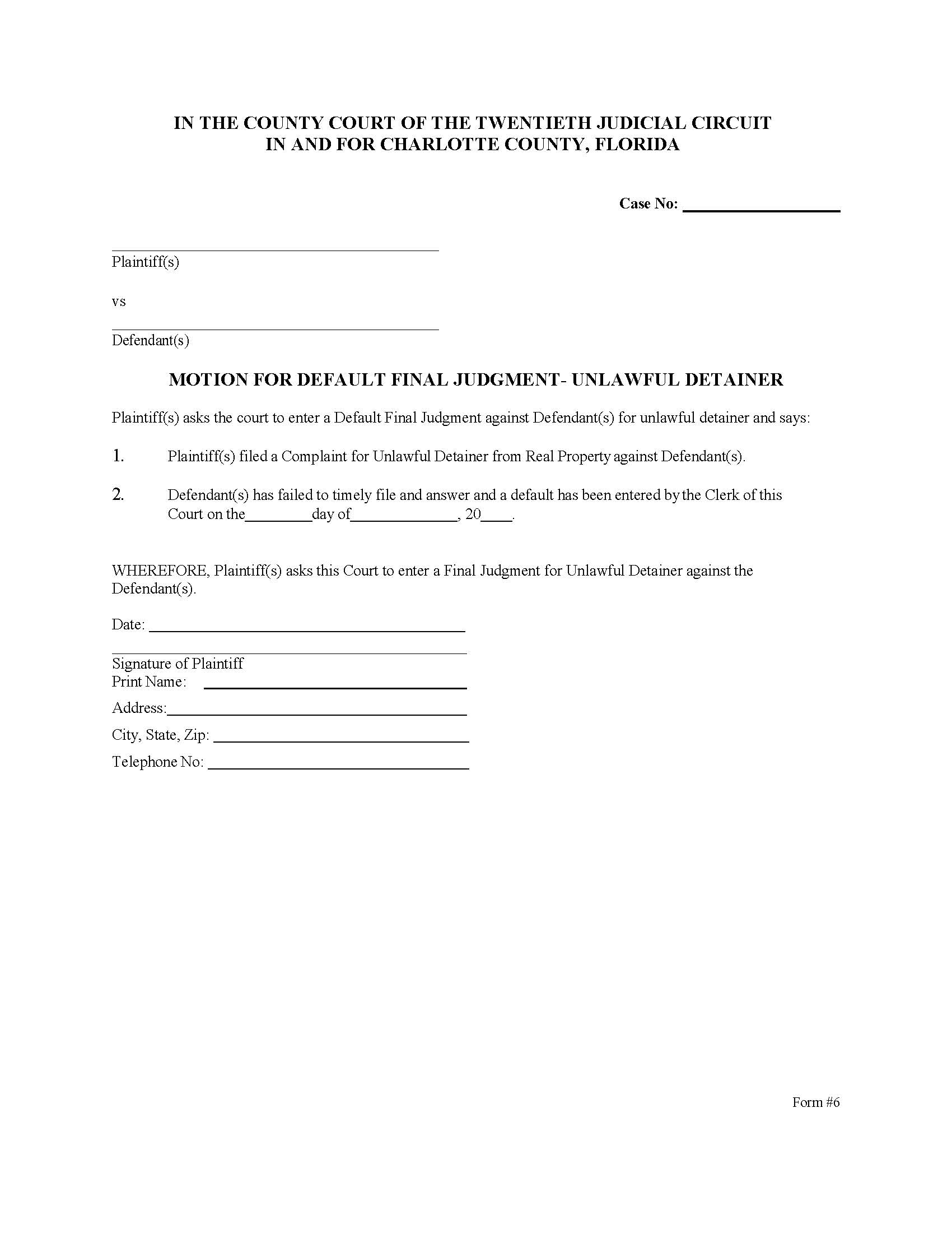Motion For Default Final Judgment-Unlawful Detainer | Pdf Fpdf Docx | Florida