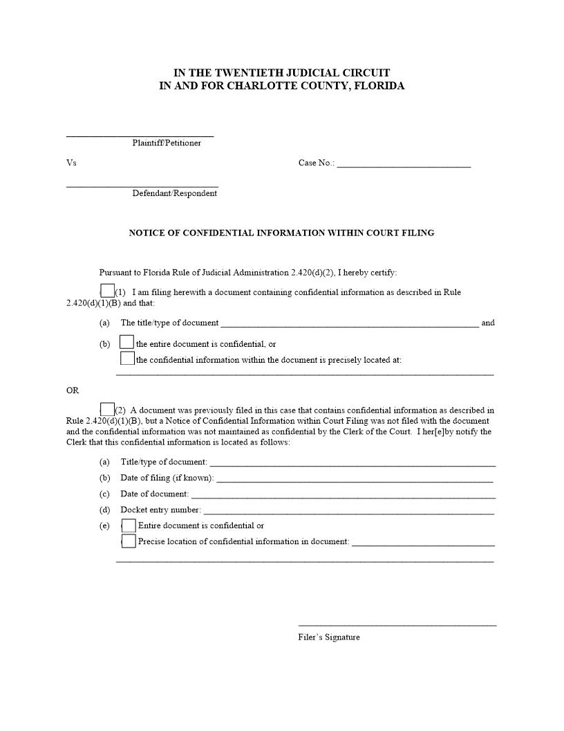 Notice Of Confidential Information WIthin Court Filing | Pdf Fpdf Docx | Florida